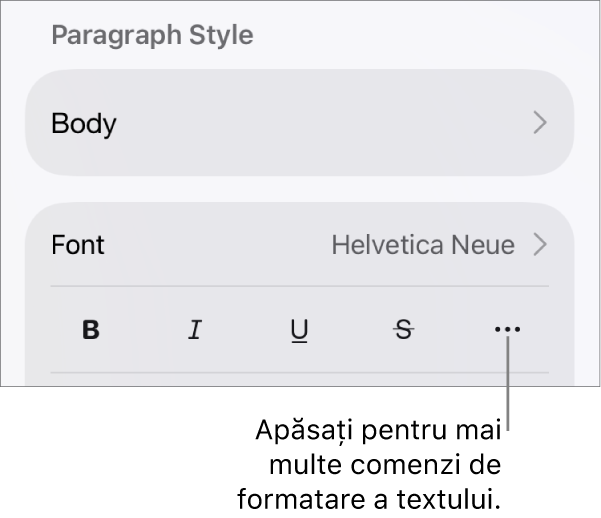 Fila Text a comenzilor Format, cu o explicație pentru butonul Alte opțiuni de text.