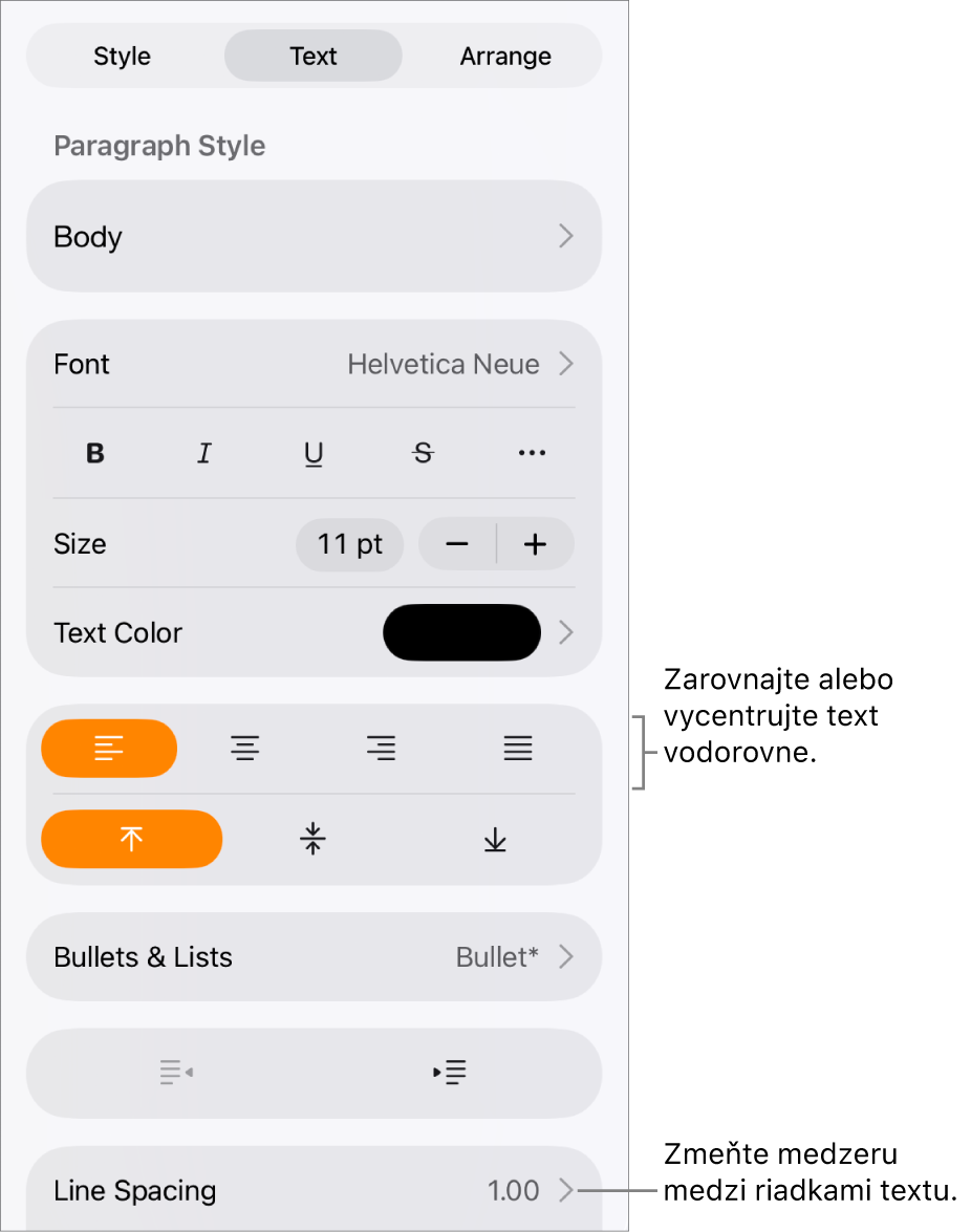 Tlačidlo ovládacích prvkov Formát s označenou záložkou Text a bublinami pre tlačidlá zarovnania textu a položkou menu Medzery medzi riadkami.