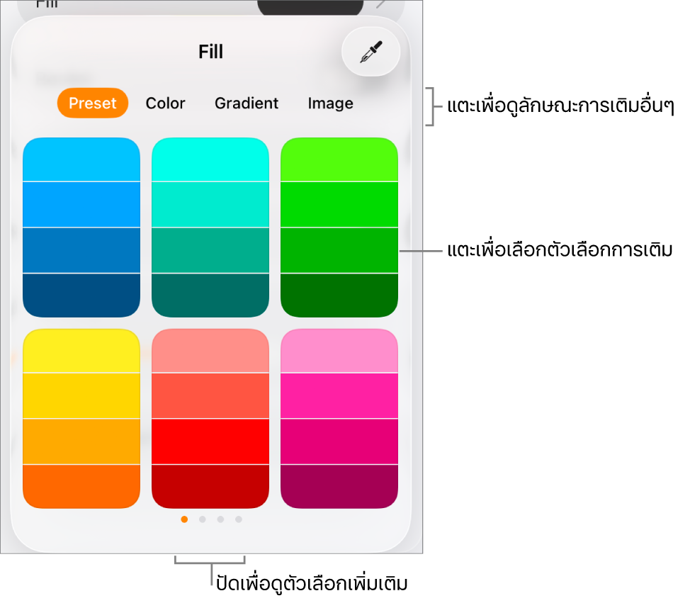 ตัวเลือกการเติมในแถบลักษณะของปุ่มรูปแบบ