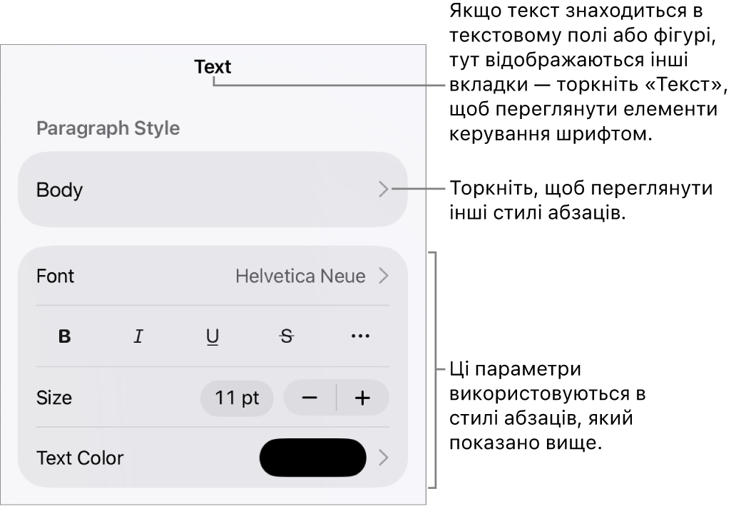 Елементи керування текстом у меню «Формат» для настроювання стилів абзацу й символів, шрифту, розміру та кольору.