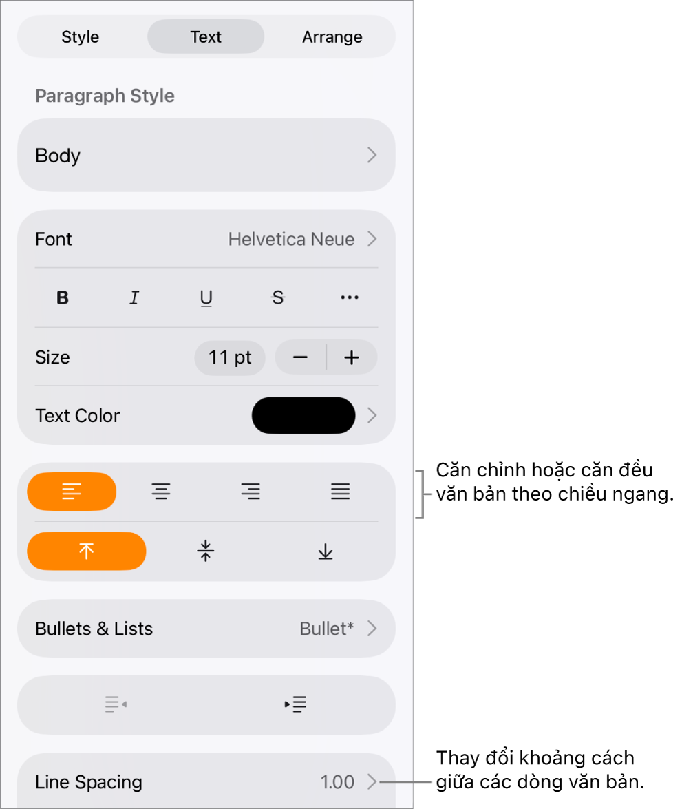 Nút điều khiển Định dạng với tab Văn bản được chọn và các lời nhắc cho các nút căn chỉnh văn bản và mục menu Giãn cách dòng.