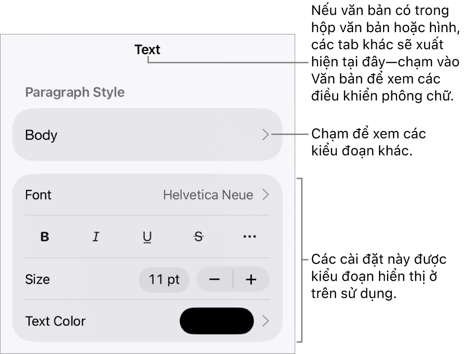 Menu Định dạng đang hiển thị các điều khiển văn bản để đặt kiểu, phông chữ, kích cỡ và màu của đoạn và ký tự.