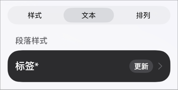 旁边有星号、右侧有“更新”按钮的“正文”段落样式。