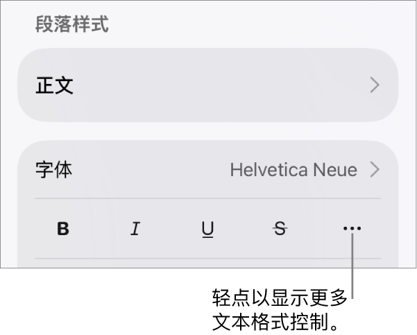 “格式”控制的“文本”标签,其中标注框指向“更多文本选项”按钮。