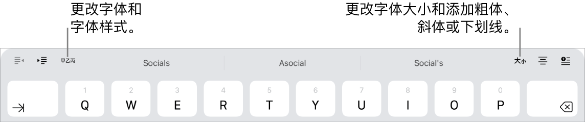 键盘上方的文本格式化按钮，从左到右依次为：缩进、字体、三个预测文本栏、字体大小、对齐以及插入。