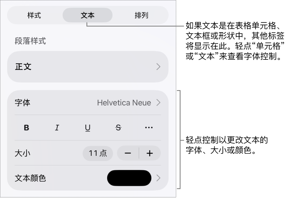 “格式”菜单中的“文本”控制，用于设定段落和字符样式、字体、大小和颜色。
