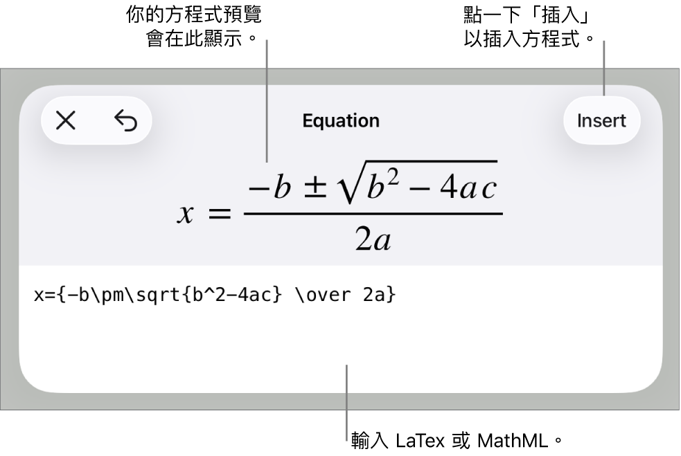 「方程式」對話框，顯示使用 MathML 指令寫入的方程式，上方是公式的預覽。