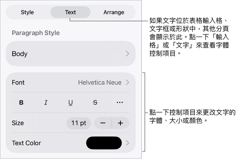 「格式」選單中設定段落及字元樣式、字體、大小和顏色的文字控制項目。