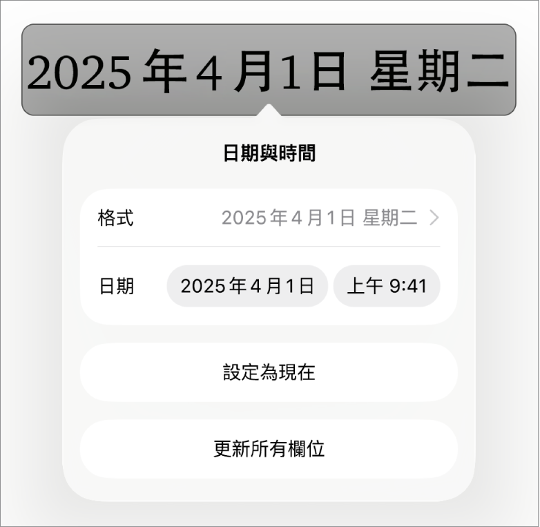 「日期與時間」控制項目,顯示日期的「格式」彈出式選單、「設定為現在」和「更新所有欄位」按鈕。