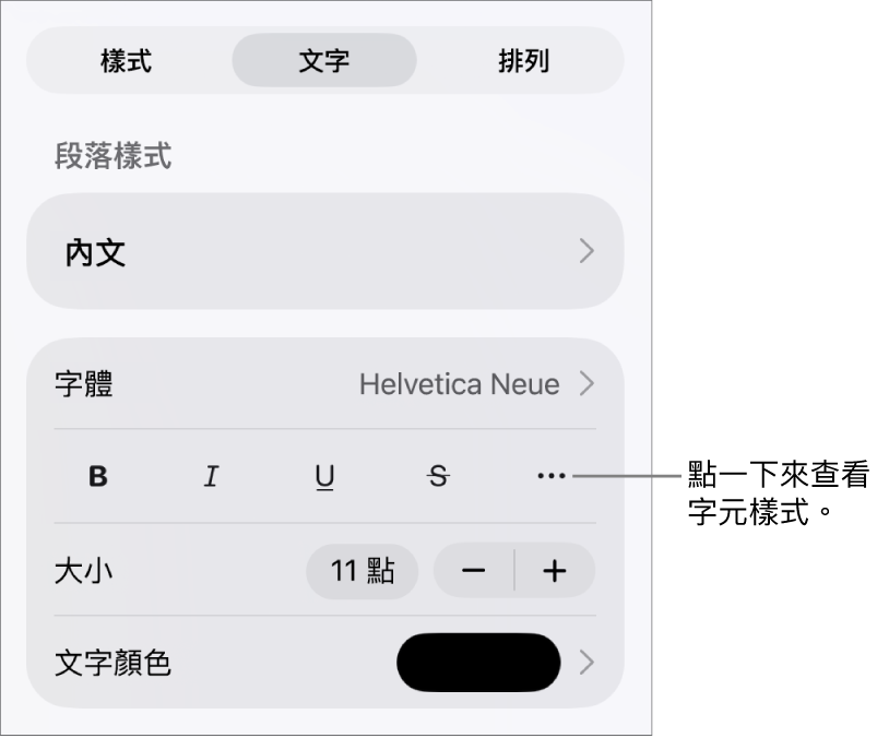 帶有段落樣式的「格式」控制項目位於最上方，然後是「字體」控制項目。「字體」下方為「粗體」、「斜體」、「底線」、「刪除線」和「更多文字選項」按鈕。