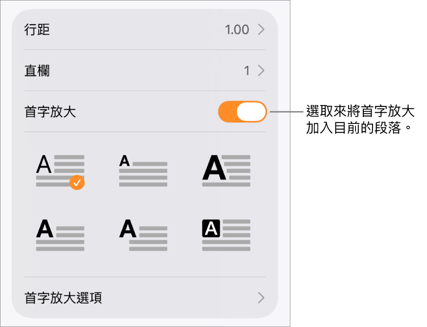 「首字放大」控制項目位於「文字」選單中。
