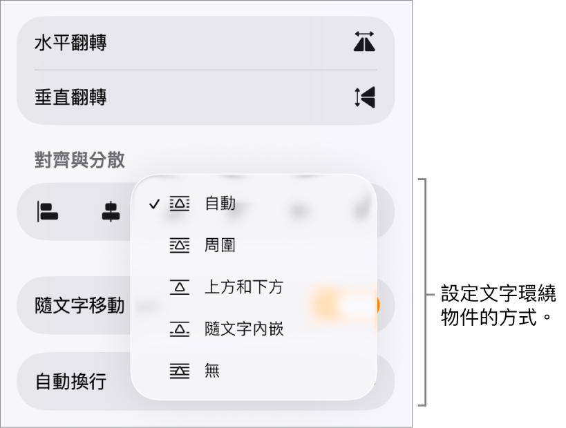 已選取「排列」標籤頁的「格式」控制項目。其下方為帶有「移至最後/最前」、「隨文字移動」和「文字環繞」的「文字環繞」控制項目。
