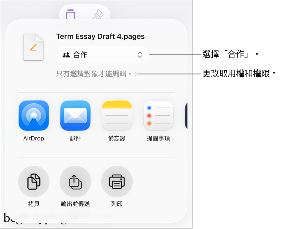 「分享」選單的最上方已選取「合作」，其下方為取用和權限設定。