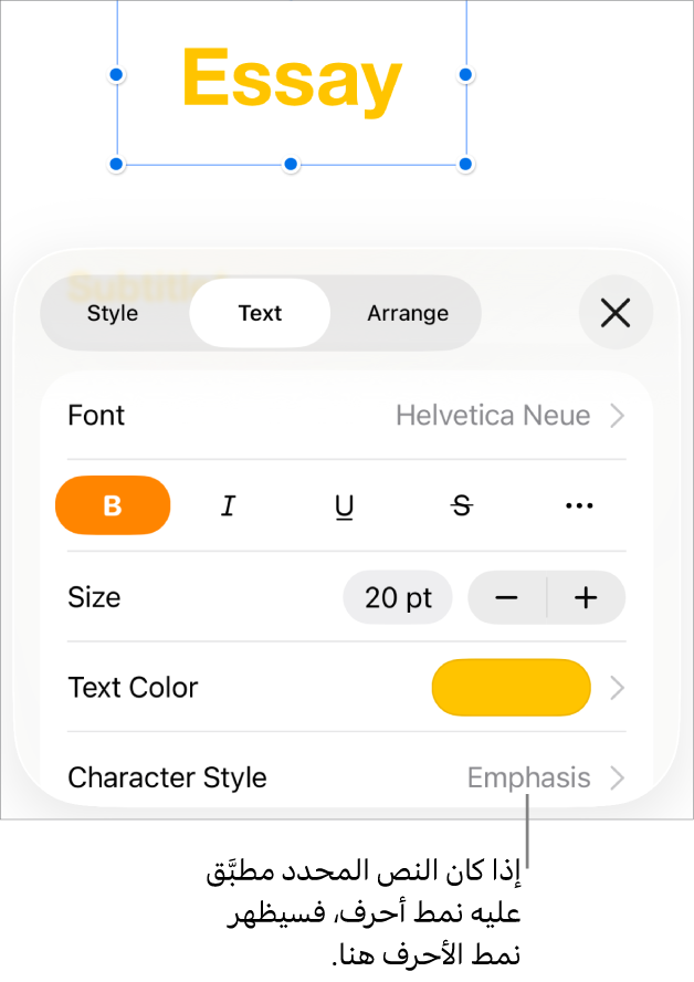 عناصر تحكم تنسيق النص بها نمط الأحرف أسفل عناصر تحكم اللون. نمط الأحرف "لا شيء" ظاهر مع علامة نجمية.
