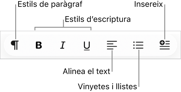 Barra de format ràpid que mostra icones d’estils de paràgraf, estils d’escriptura, alineació de text, vinyetes i llistes, i elements d’inserció.
