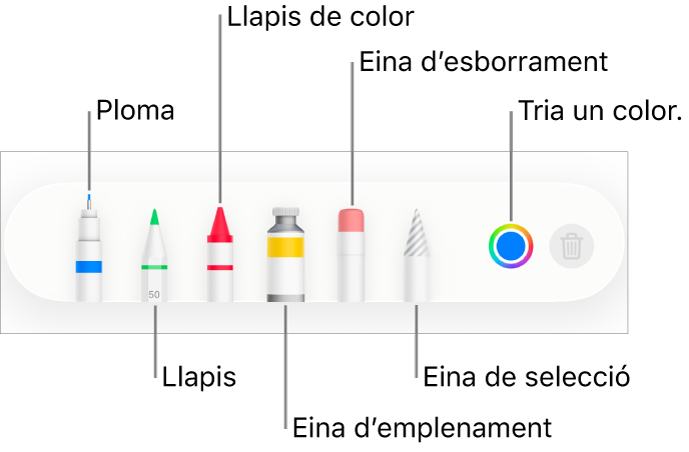 La barra d’eines de dibuix al Pages de l'iPhone, amb una ploma, un llapis, un llapis de colors, l’eina d’emplenament, l’eina d’esborrament, l’eina de selecció i la paleta de colors que mostra el color actual.