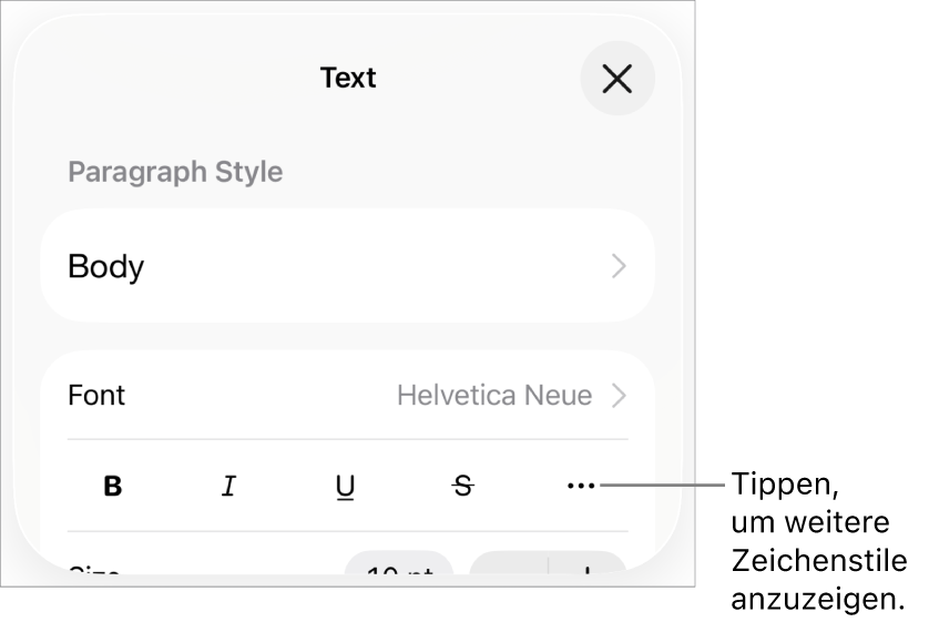 Die Steuerelemente für die Formatierung umfassen die Tasten „Fett“, „Kursiv“, „Unterstrichen“, „Durchgestrichen“ und „Weitere Textoptionen“.