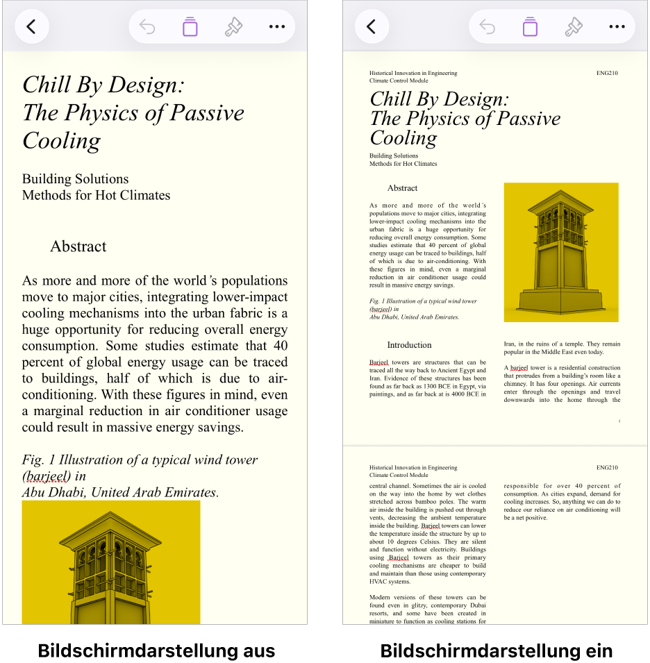 Zwei Ansichten desselben Pages-Dokuments – in einer Ansicht ist der Modus „Bildschirmansicht“ aktiviert, in der anderen deaktiviert. In der Version, bei der „Bildschirmansicht“ aktiviert ist, wird die Textgröße dem Bildschirm entsprechend angepasst und Zeilenumbrüche und Kopfzeilen werden ausgeblendet.