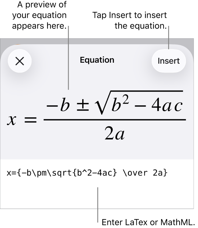 The Equation dialogue, showing an equation written using MathML commands and a preview of the formula above.