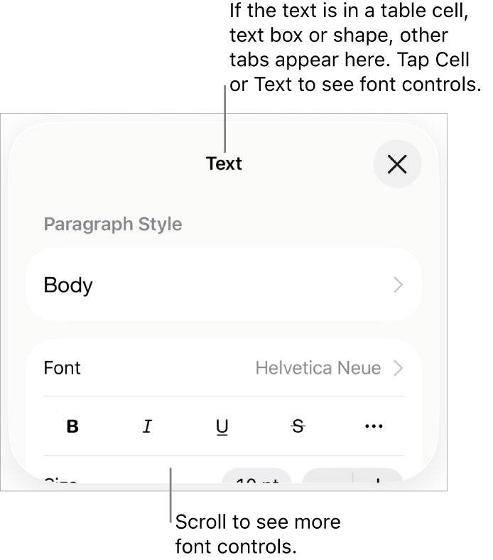 Text controls in the Format menu for setting paragraph and character styles, font, size and colour.