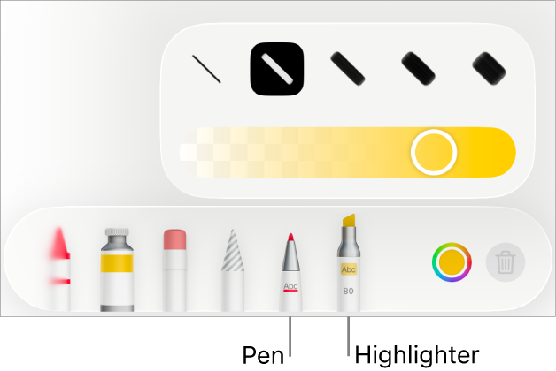The Smart Annotation tool menu with pen and highlighter buttons, line width options and the opacity slider.