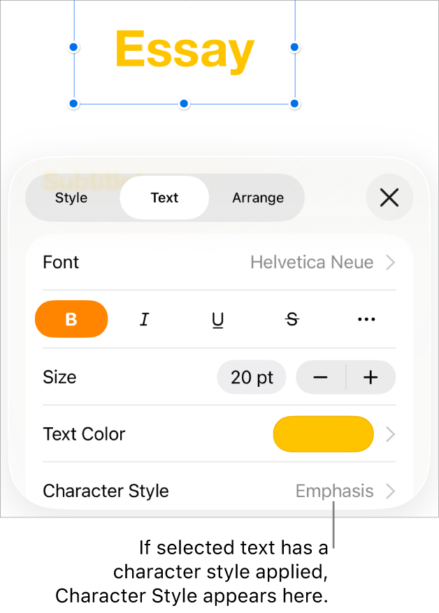The Text formatting controls with Character Style below the Colour controls. The character style None appears with an asterisk.