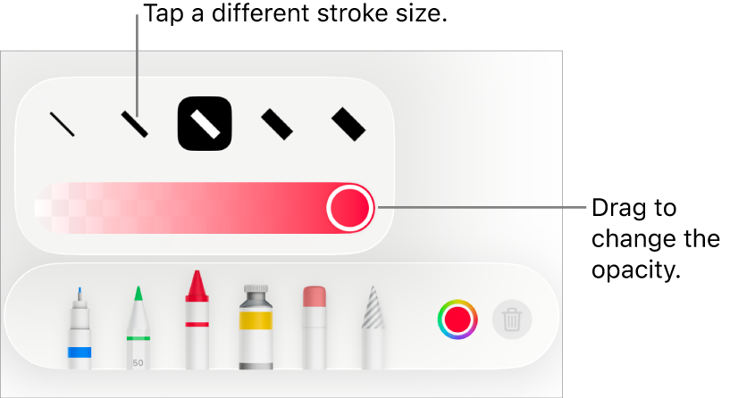 Controls for choosing a stroke size and a slider for adjusting the opacity.