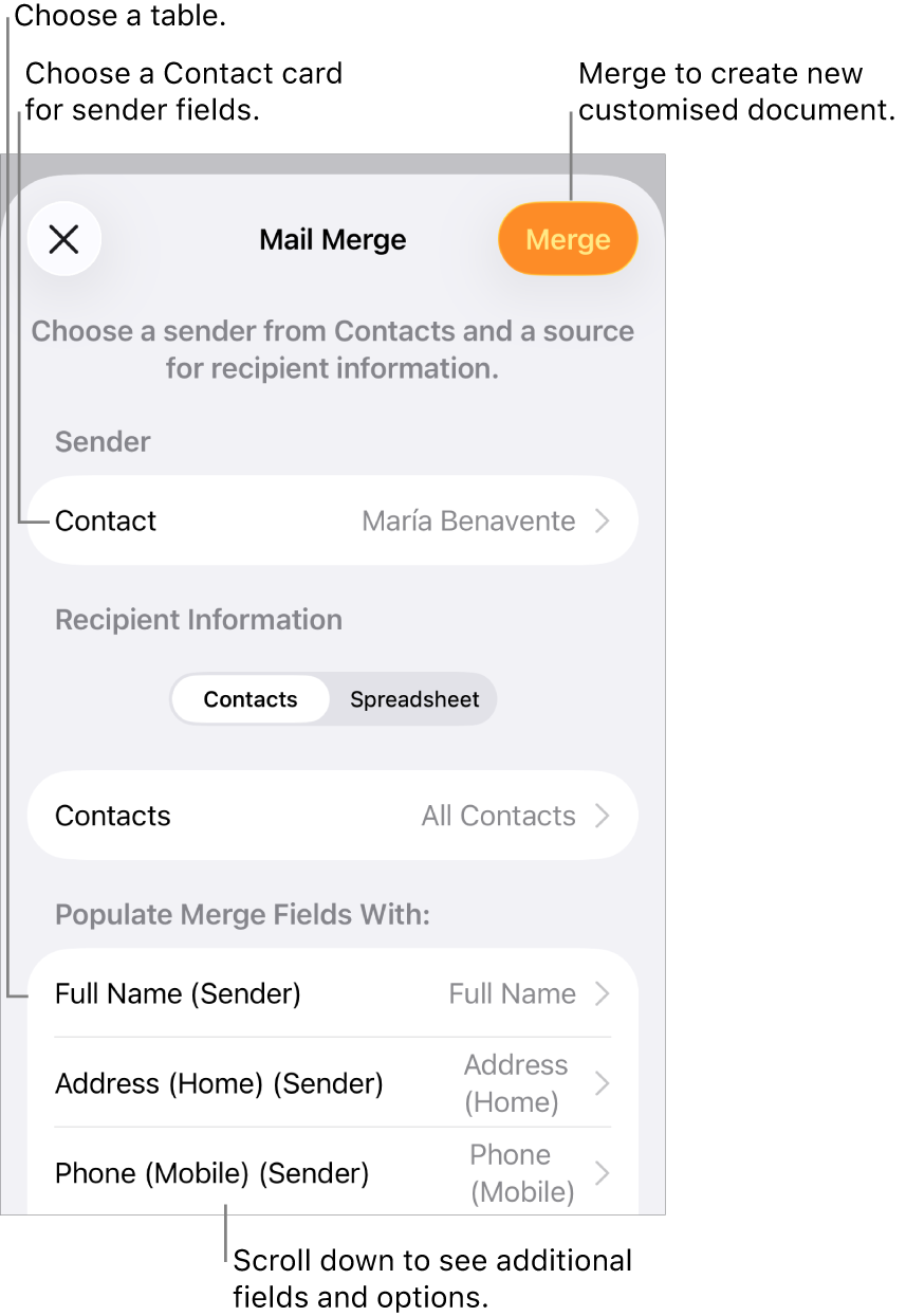 Mail Merge pane open, with options to choose sender information, change the source file or table, preview the merge field names or individual records, or merge the document.