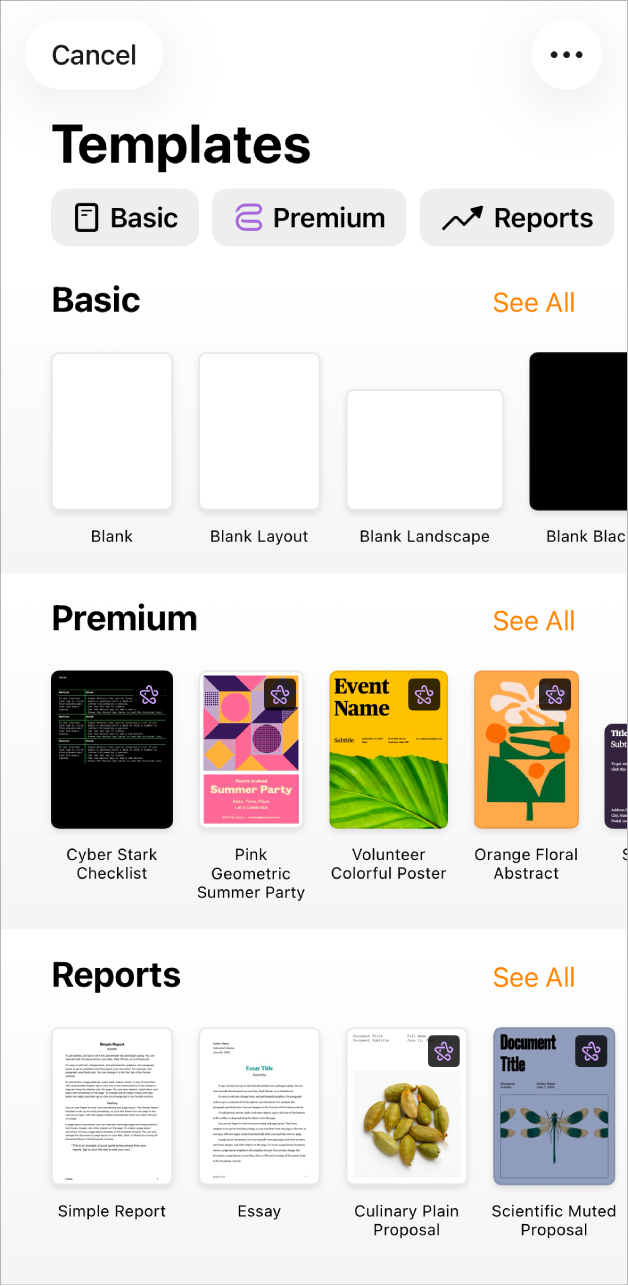 Pages welcome screen with options for Start Writing and Choose a Template at the top, with recent documents displayed at the bottom.