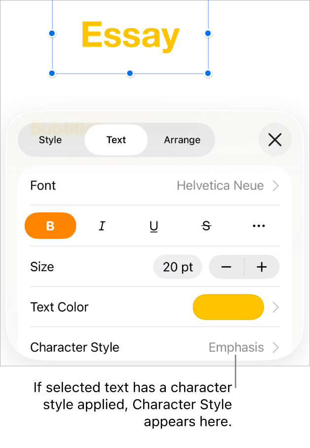 The Text formatting controls with Character Style below the Colour controls. The character style None appears with an asterisk.