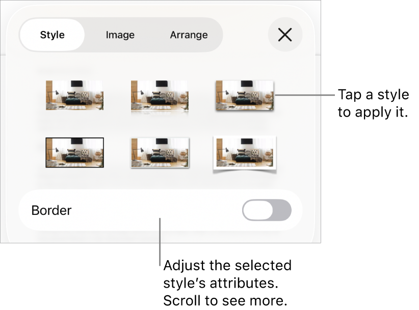 The Style of the Format menu, with object styles at the top and a control below them to change the border.