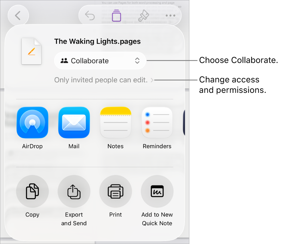 The Share menu with Collaborate selected at the top, and access and permission settings underneath.