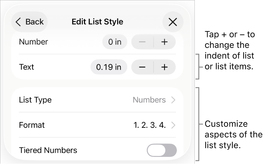 Edit List Style menu with controls for indent spacing, list type and format, tiered numbers, and line spacing.