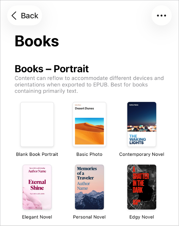 The template chooser with book templates in portrait orientation at the top and landscape orientation below.
