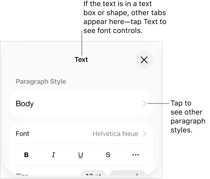 The Format menu showing text controls for setting paragraph and character styles, font, size, and color.