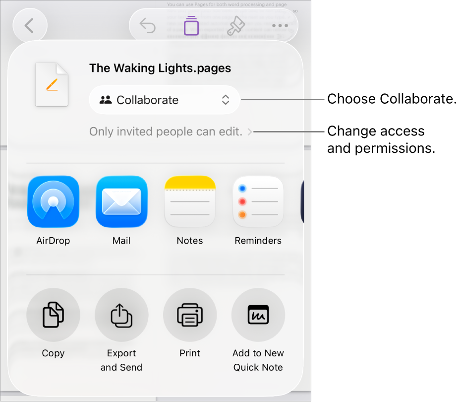 The Share menu with Collaborate selected at the top, and access and permission settings underneath.