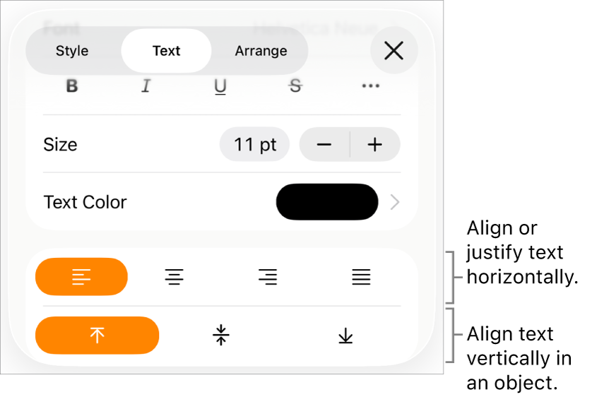 The Layout pane with callouts to the text alignment and spacing buttons.