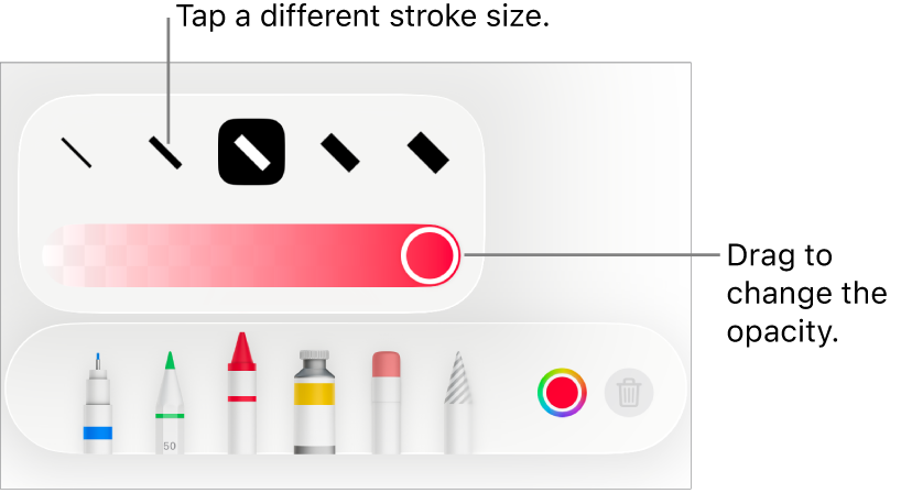 Controls for choosing a stroke size and a slider for adjusting the opacity.