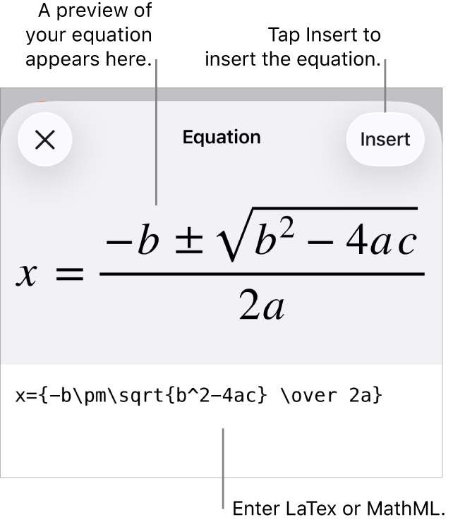 The Equation dialog, showing an equation written using MathML commands, and a preview of the formula above.