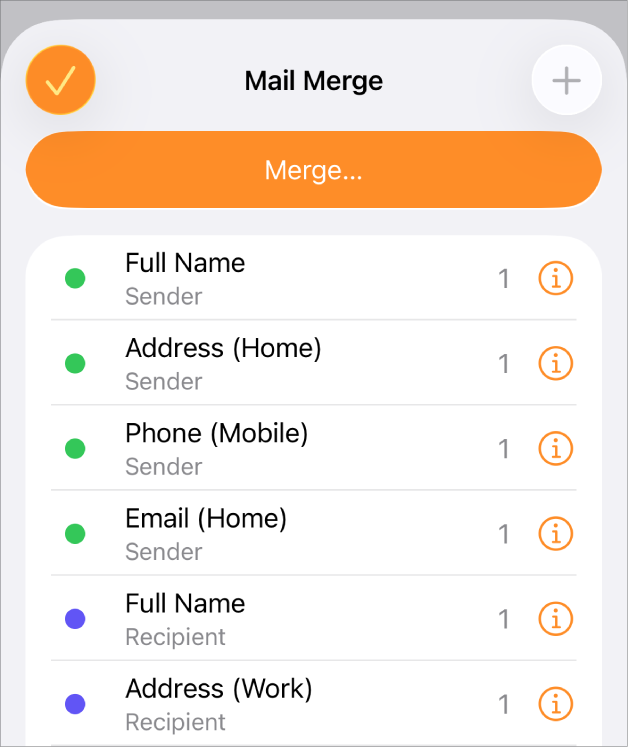 The merge field instances listed in the Mail Merge menu.