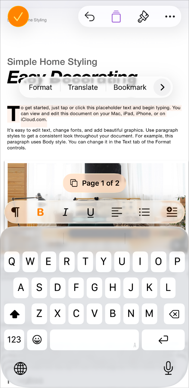 In an open document, template placeholder text is selected.
