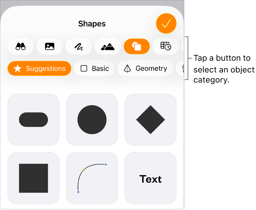 The controls for adding an object, with buttons at the top to choose tables, charts, and shapes (including lines and text boxes), and media.