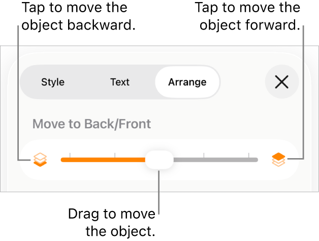 The Move Backward button, the Move Forward button, and the layering slider.