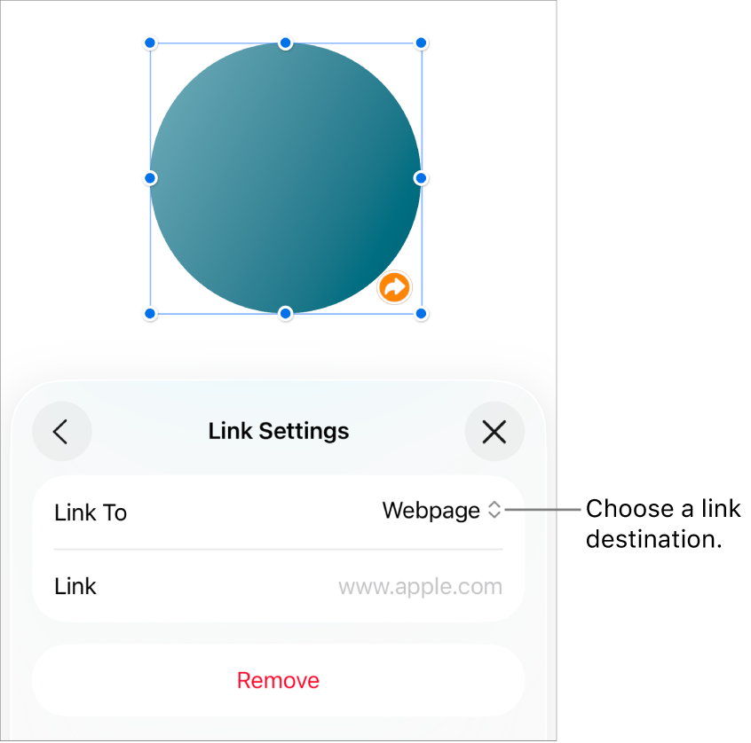 The Link Settings controls with Webpage selected, and the Remove button at the bottom.