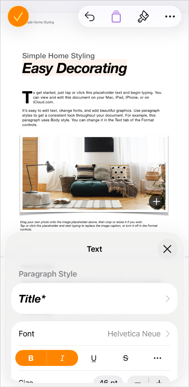 In an open document, text is selected and text options displayed at the bottom.