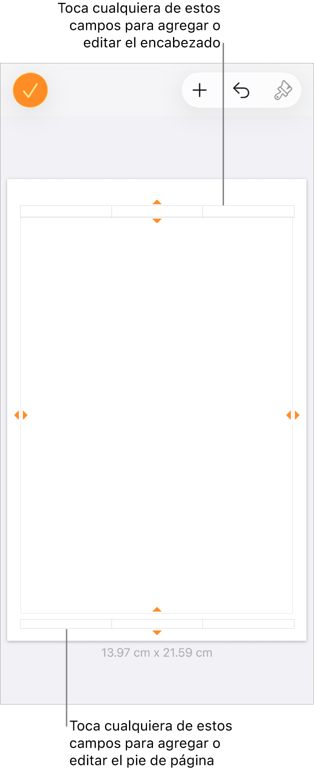 La visualización Más opciones con tres campos en la parte superior del documento para los encabezados y con tres campos en la parte inferior para los pies.