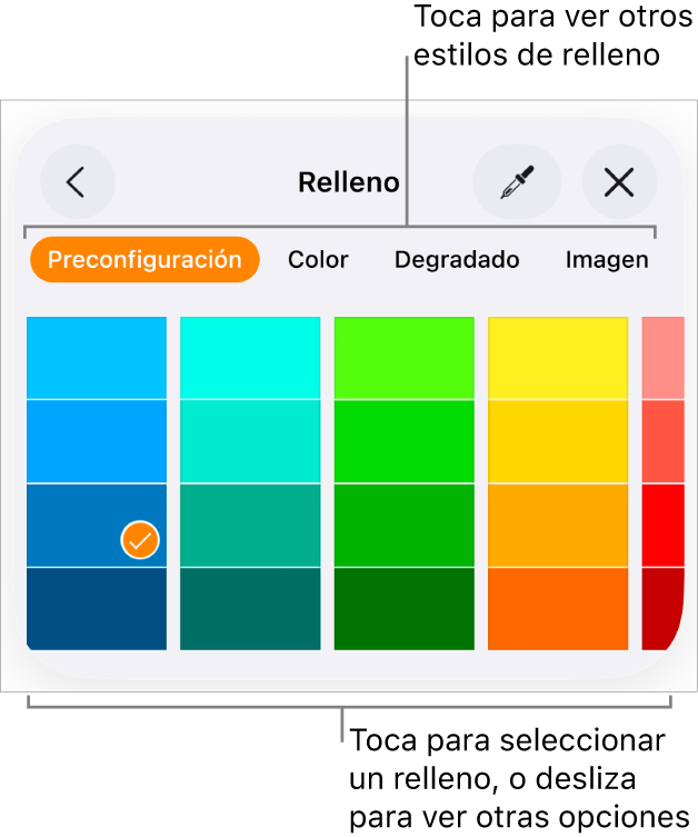 Opciones de relleno en la pestaña Estilo del botón Formato.