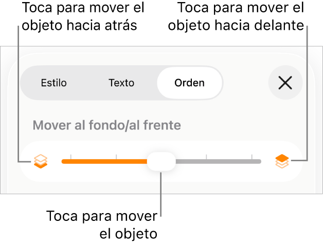 Botón Mover hacia atrás, botón Mover hacia delante y regulador de capa.