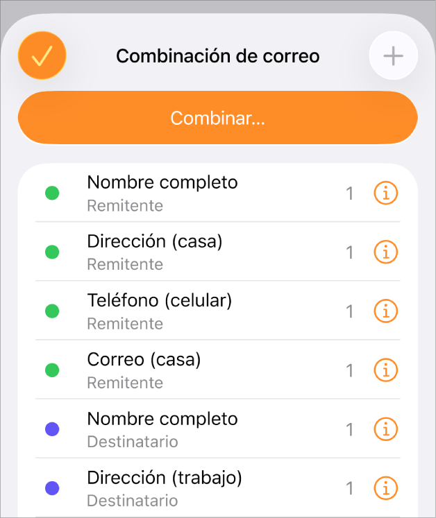 La lista de casos de campos de combinación en el menú Combinación de correo.