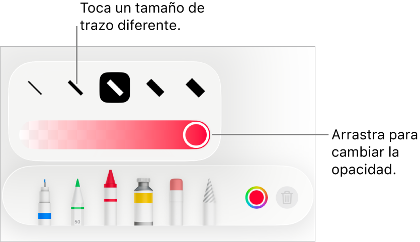 Controles para elegir el tamaño del trazo y selector para ajustar la opacidad.